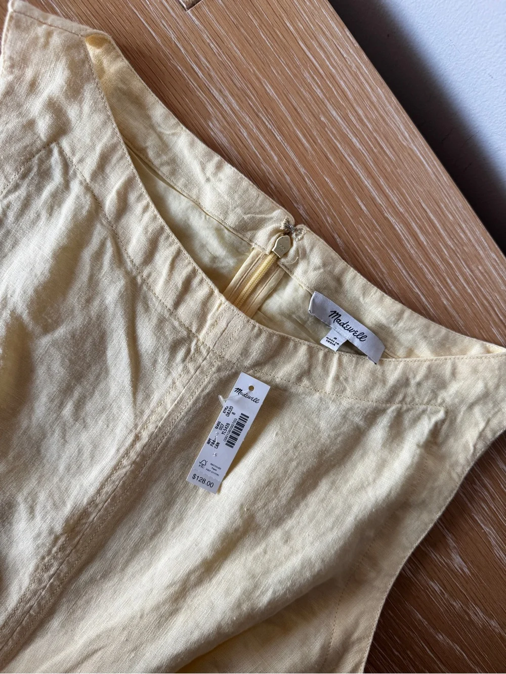 NWT MADEWELL Boatneck Shirred Mini Dress 100% Linen Candlelight 8 Butter Yellow - Picture 9 of 15